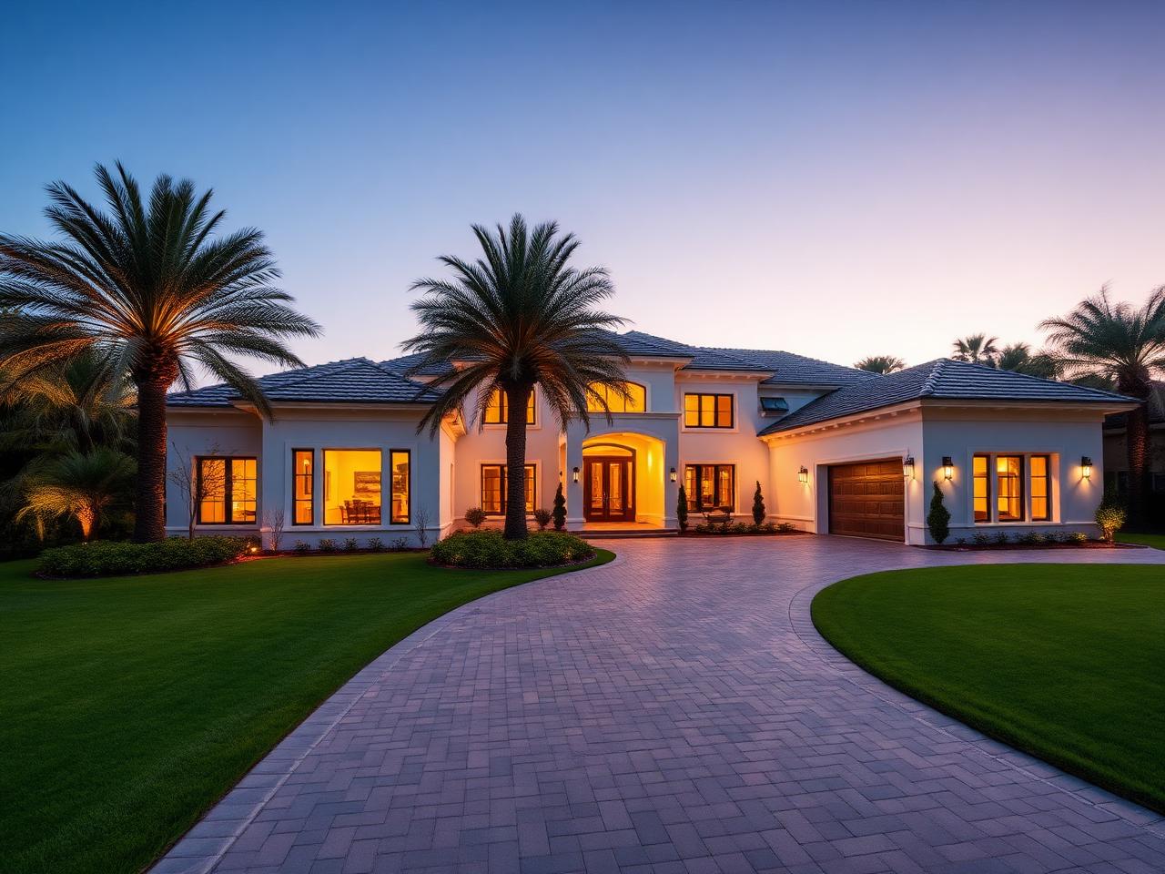 Luxury contemporary villa exterior at dusk