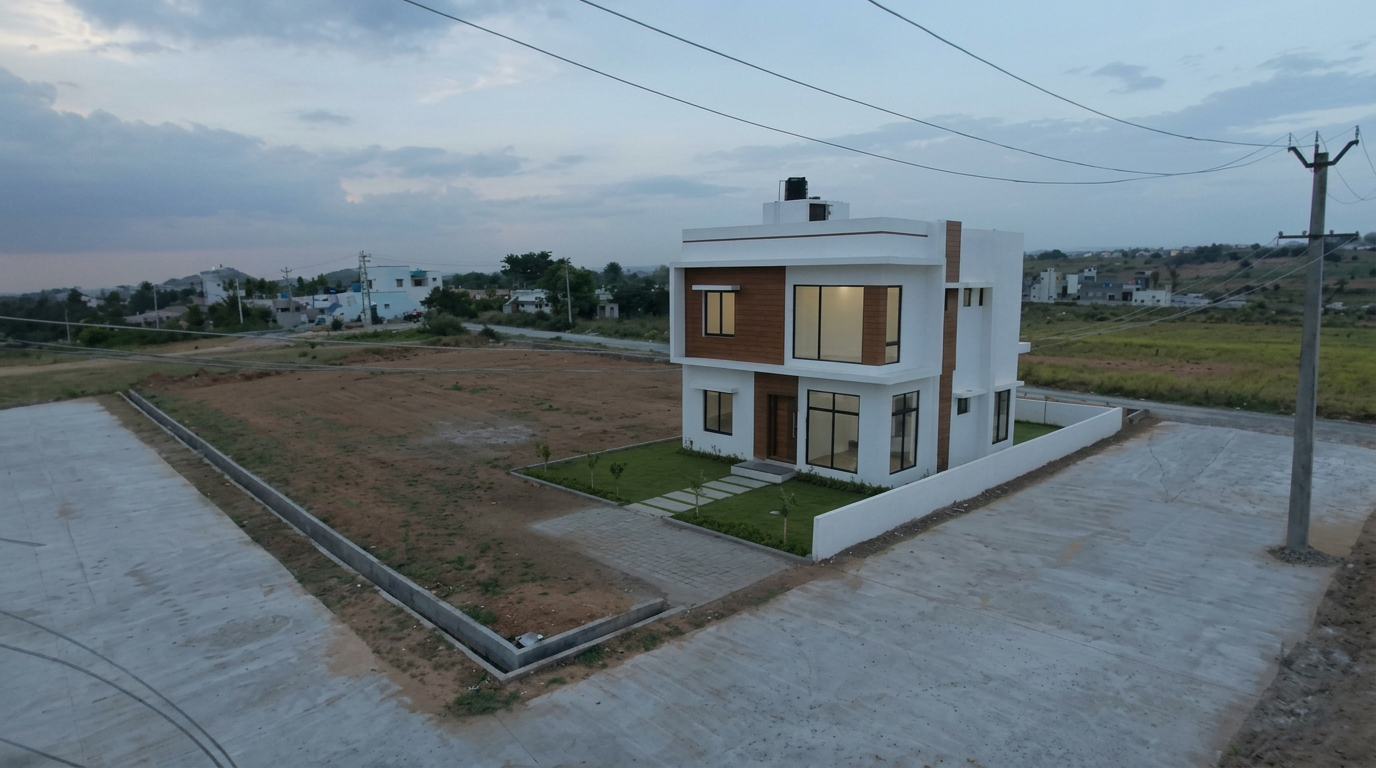 Modern signature villa exterior at dusk